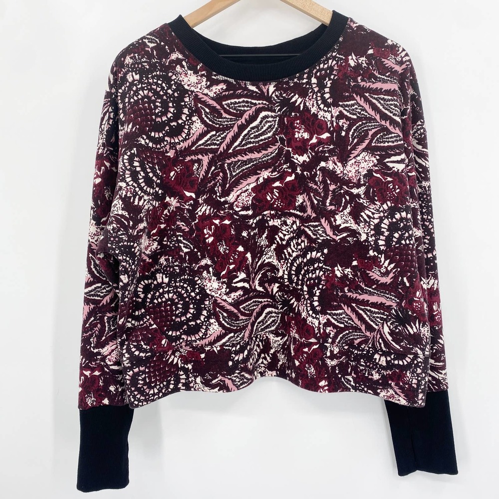 Joie Caleigh Floral Print Cropped Crew Sweater Cotton Burgundy Size Large